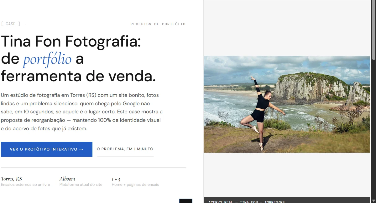 Página inicial da proposta de redesign para Tina Fon Fotografia: título 'de portfólio a ferramenta de venda' e foto de ensaio nas falésias de Torres.