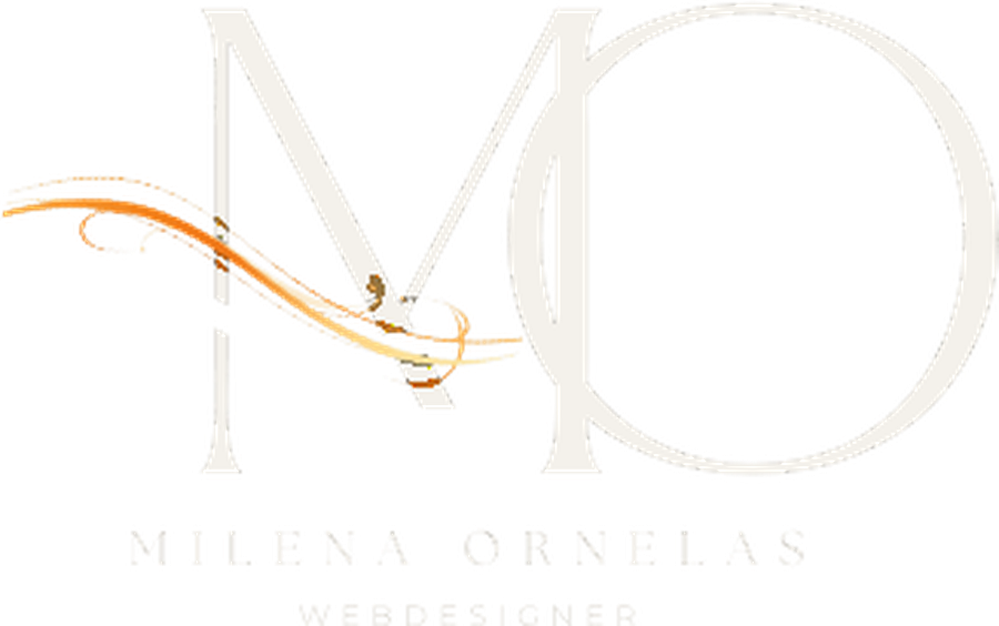 Logotipo de Milena Ornelas, webdesigner: o monograma MO atravessado por uma fita âmbar.
