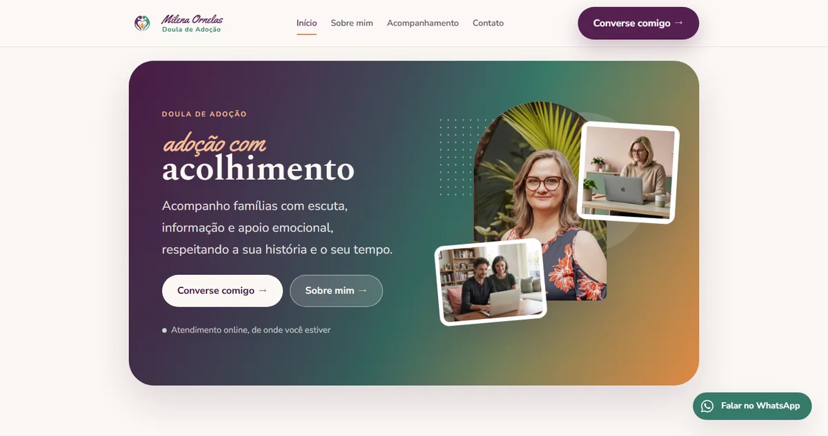 Página inicial do site Adoção com Acolhimento: painel arredondado com gradiente ameixa, verde e laranja e uma colagem de fotos sobrepostas.