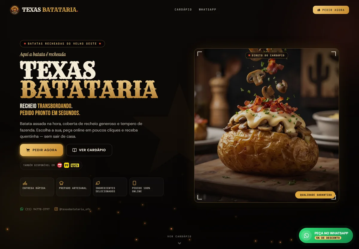 Página inicial do site da Texas Batataria: fundo escuro, título em tipografia western e foto de uma batata recheada.